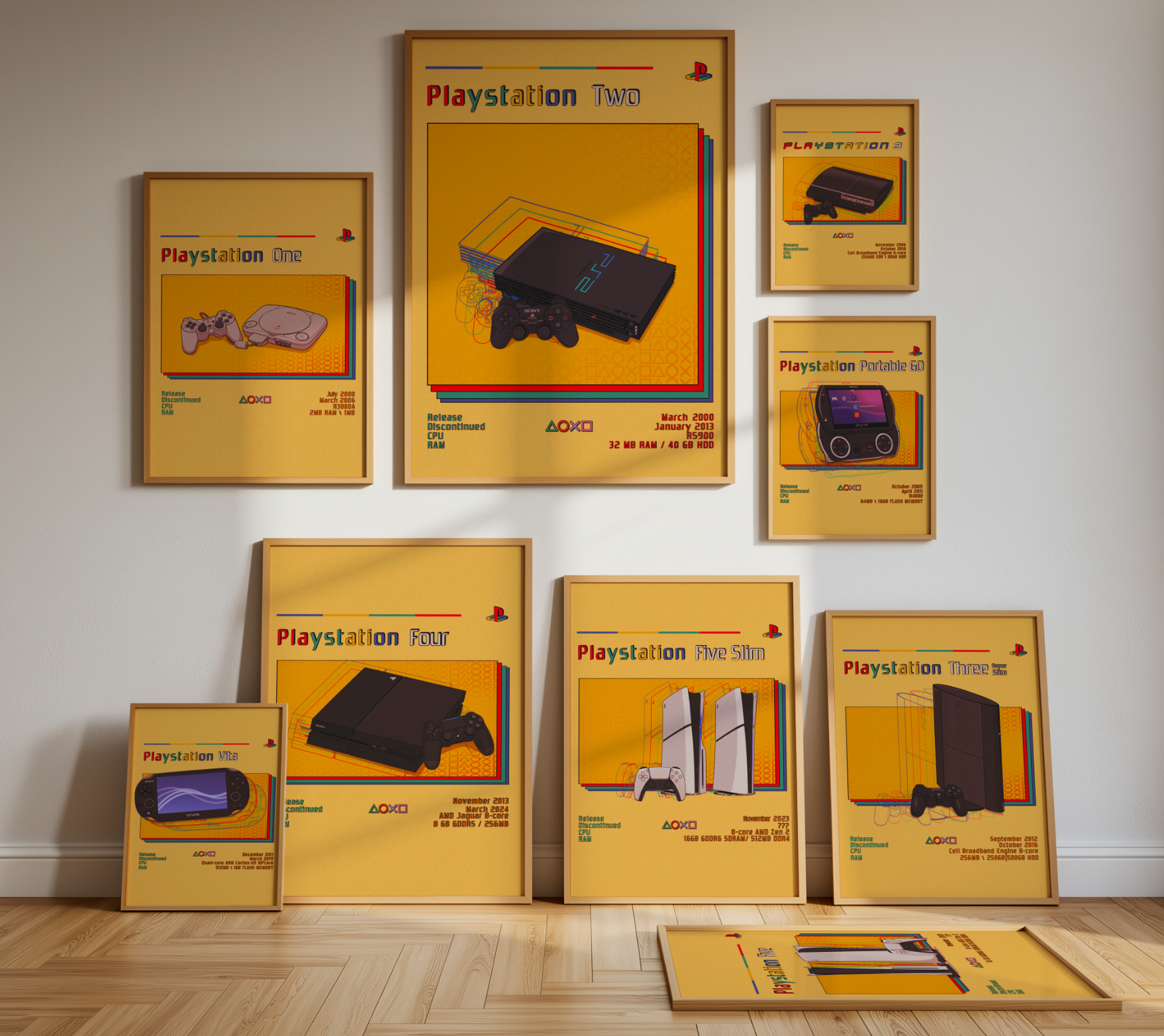 Collection of framed posters showcasing different generations of PlayStation consoles on a wall.